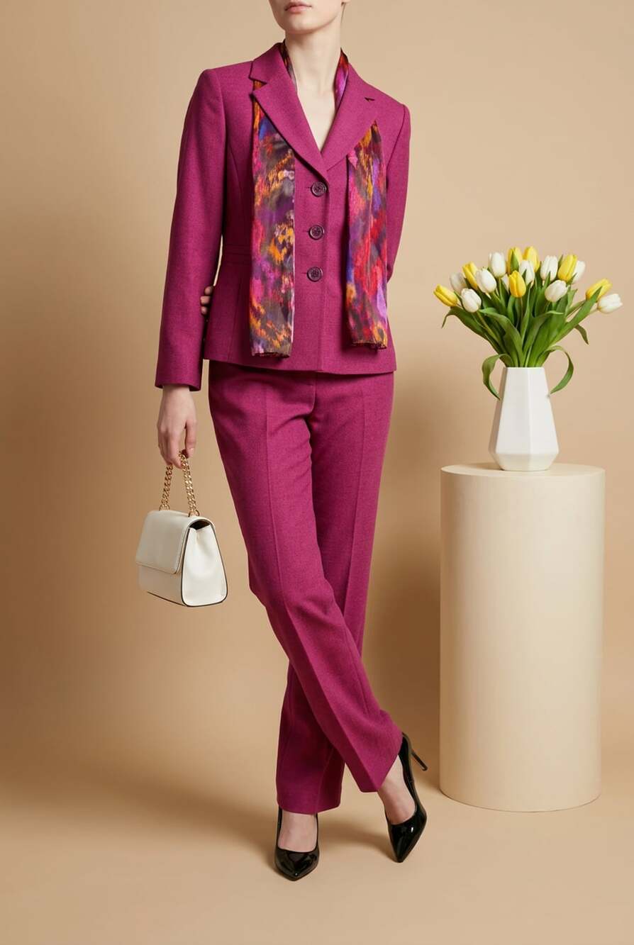 Le Suit Women's Three-Piece Pant Suit with Scarf Wild Rose Size 12
